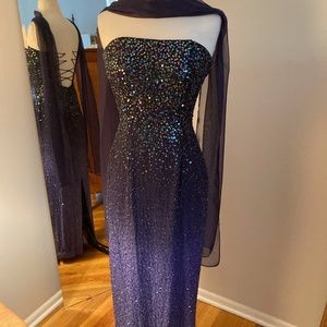 Prom Dress Beaded Navy Blue/Violet Tones, Shear Shawl Included